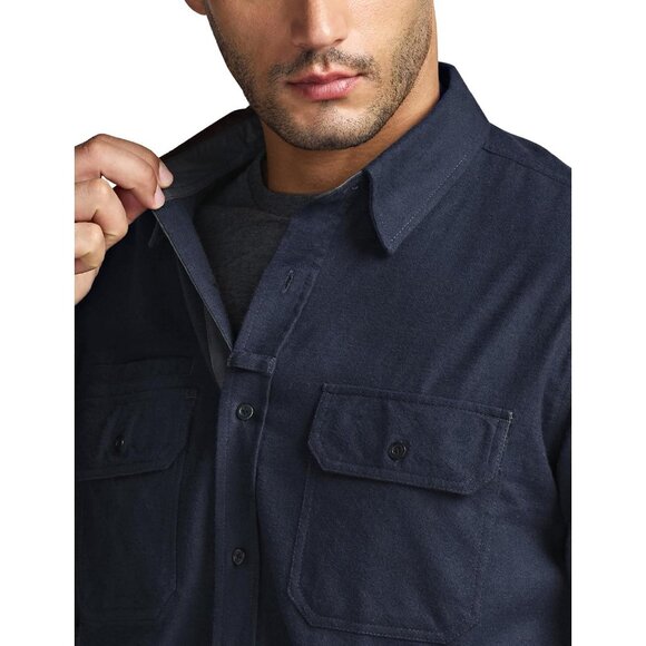 Mens Solid Navy Cotton Flannel Shirt Long Sleeve Casual Outdoor Plaid - Picture 8 of 9